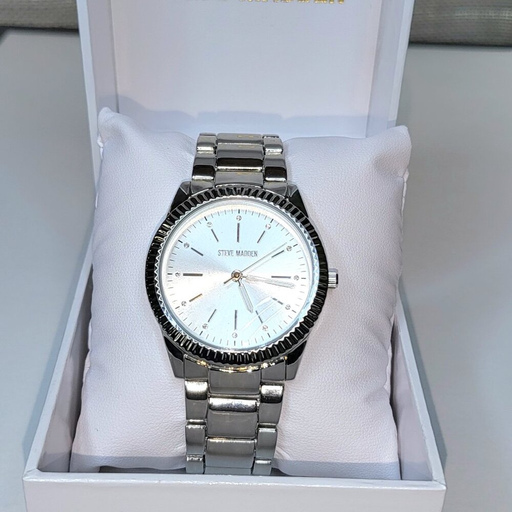 NWOT Steve Madden Women's Silver-Tone Bracelet Watch, 36 mm
